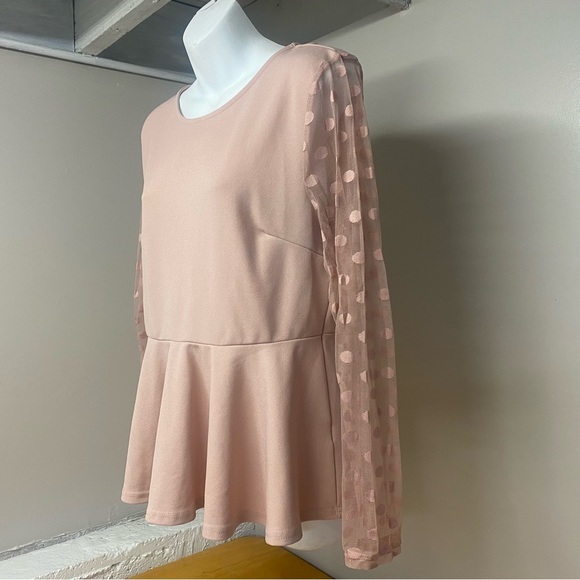 Shein Curve Women’s Pink Peplum Top LS Sheer Polka Dot Sleeve Keyhole Shirt 1XL - Picture 2 of 6